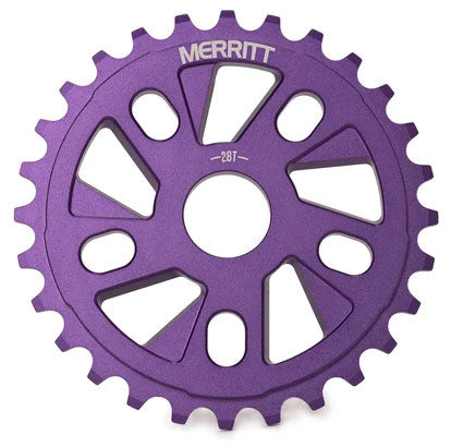 A purple Merritt Ackerman BMX bicycle sprocket, CNC’d from 6061 aluminium, isolated on a white background.