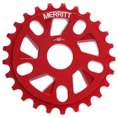 Red Merritt Ackerman Sprocket 25-tooth BMX bicycle sprocket isolated on a white background.