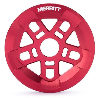 Red Merritt Brandon Begin Guard BMX bicycle sprocket isolated on a white background.