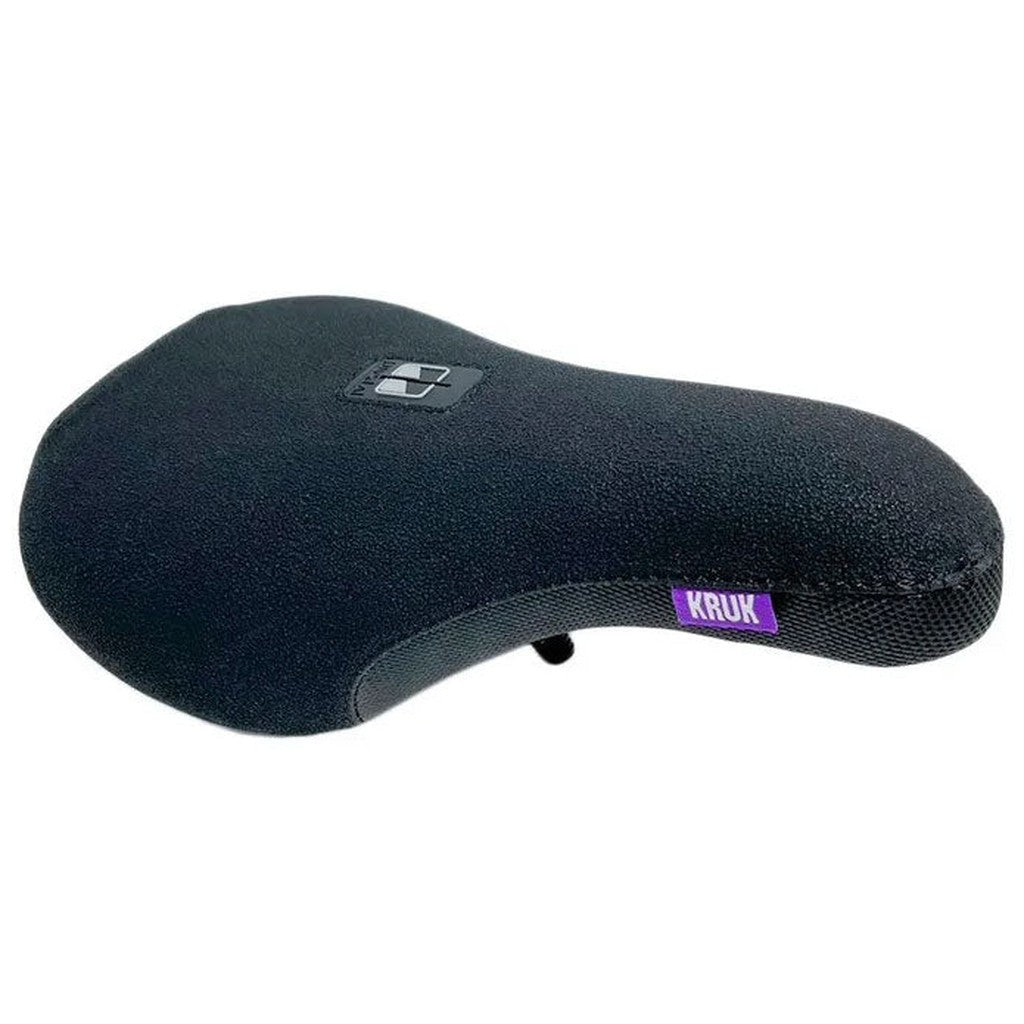 A black Merritt Dan Kruk Pivotal Seat with a hemp cover and a purple "Dan Kruk" label on the side, isolated on a white background.