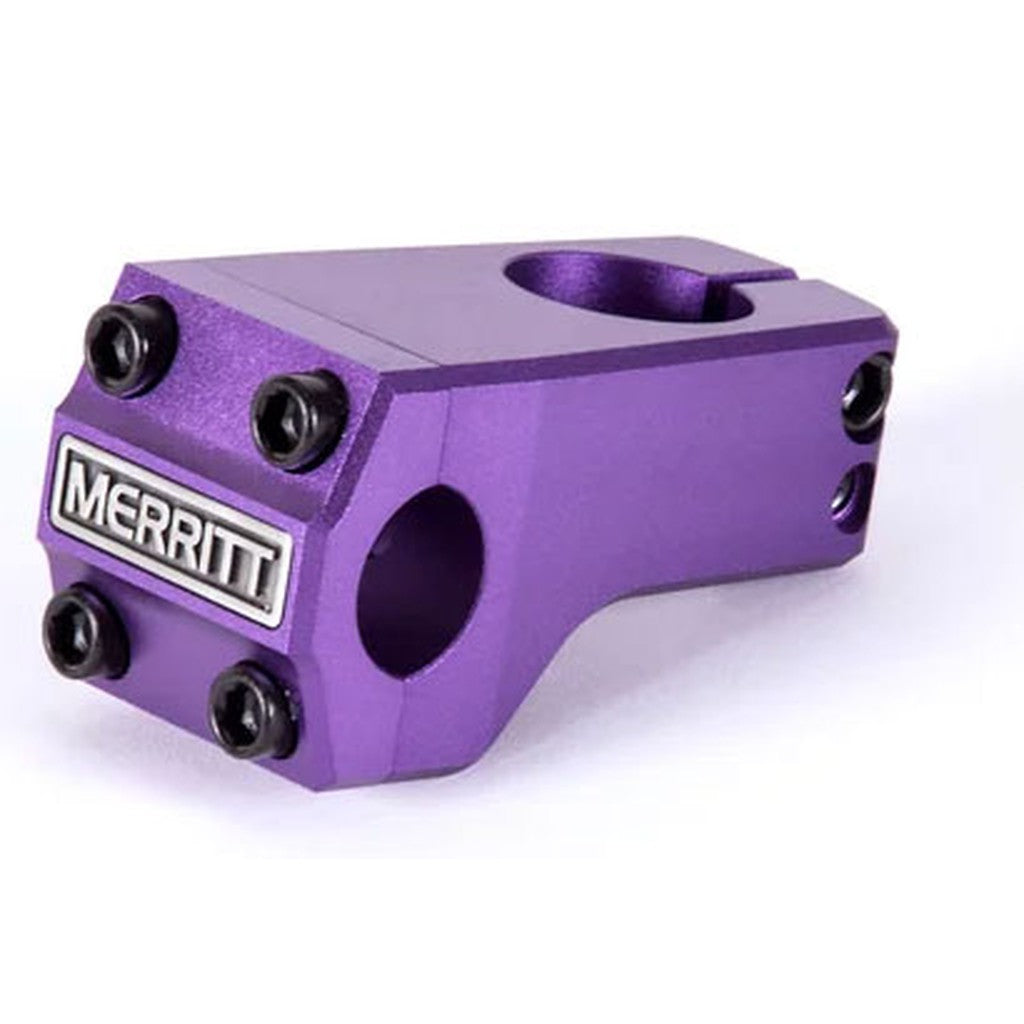 Purple Merritt Inaugural front load stem with hex bolts on a white background.