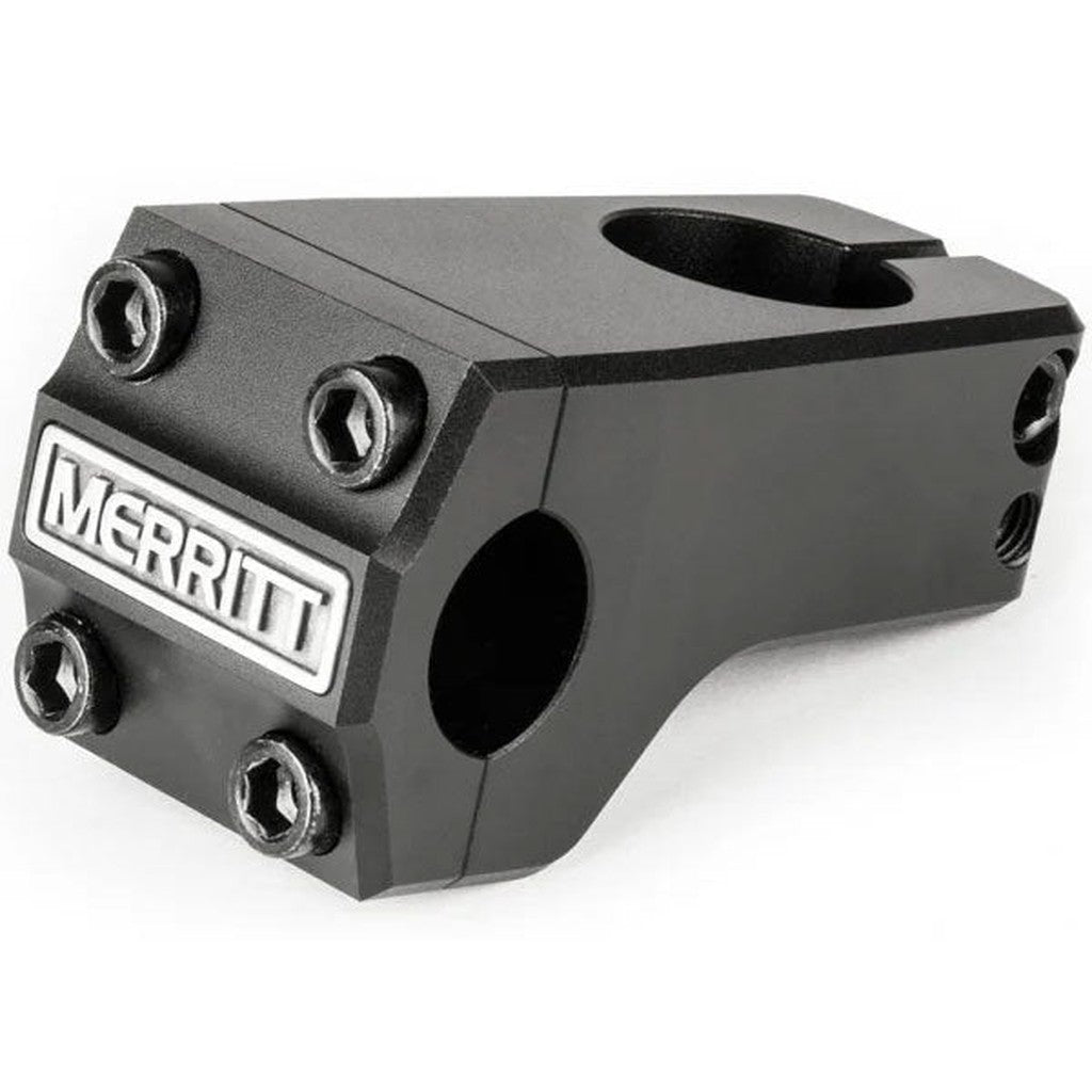 Black Merritt Inaugural front load BMX bike stem with visible bolts on a white background.