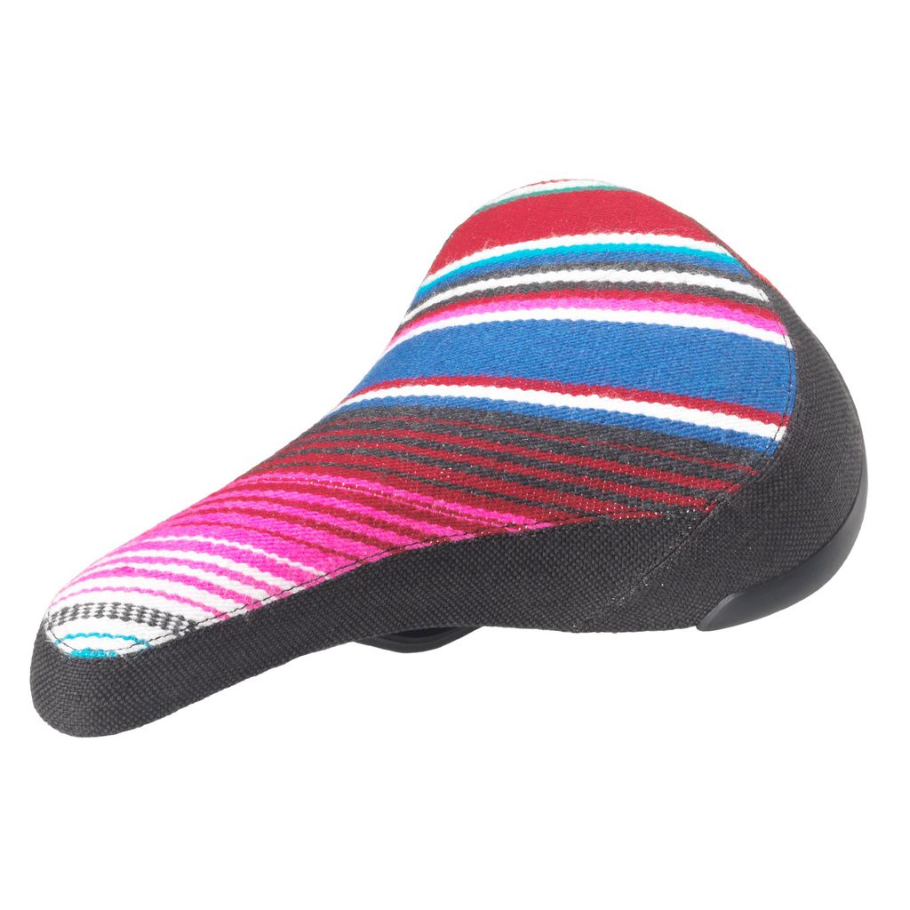 An Odyssey Mexican Blanket Railed Seat with a colorful striped pattern for a stylish ride.