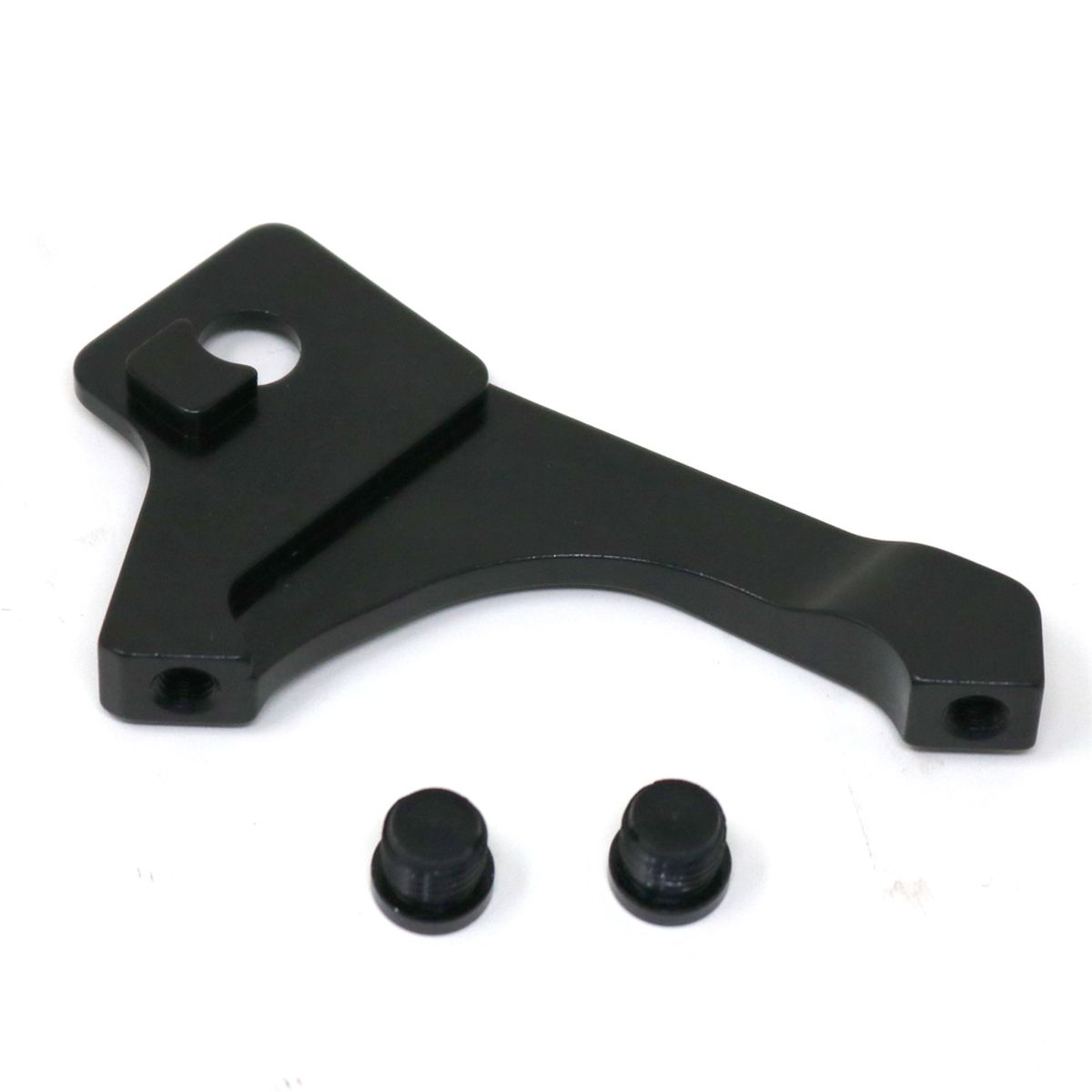 A black metal bracket, specifically designed for the Meybo 2019 Holeshot Frame Disk Brake Mount Expert / Expert XL / Black, is accompanied by two small black screws and displayed on a white background.