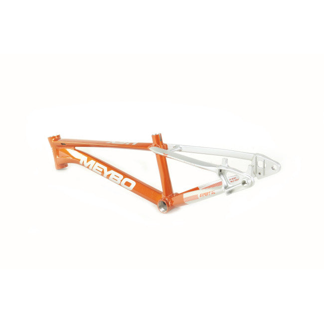 An orange and silver Meybo 2023 HSX Frame Pro 21, featuring a 6061 T-6 hydroformed tubing and sleek internal cable routing, displayed on a white background.