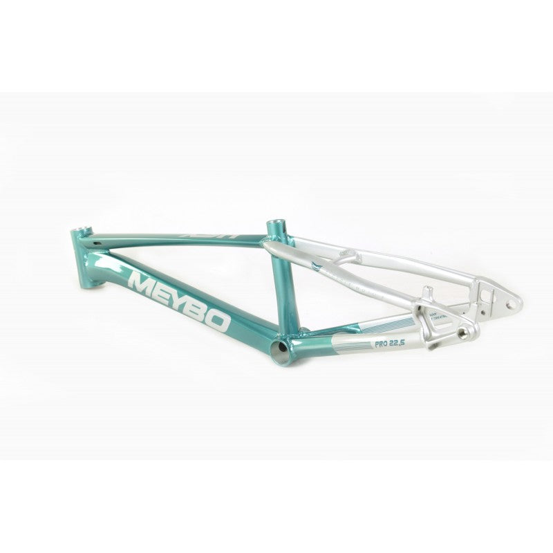 The turquoise and silver Meybo 2023 HSX Frame Pro 21.5, crafted from 6061 T-6 hydroformed tubing with internal cable routing, is showcased on a white background.