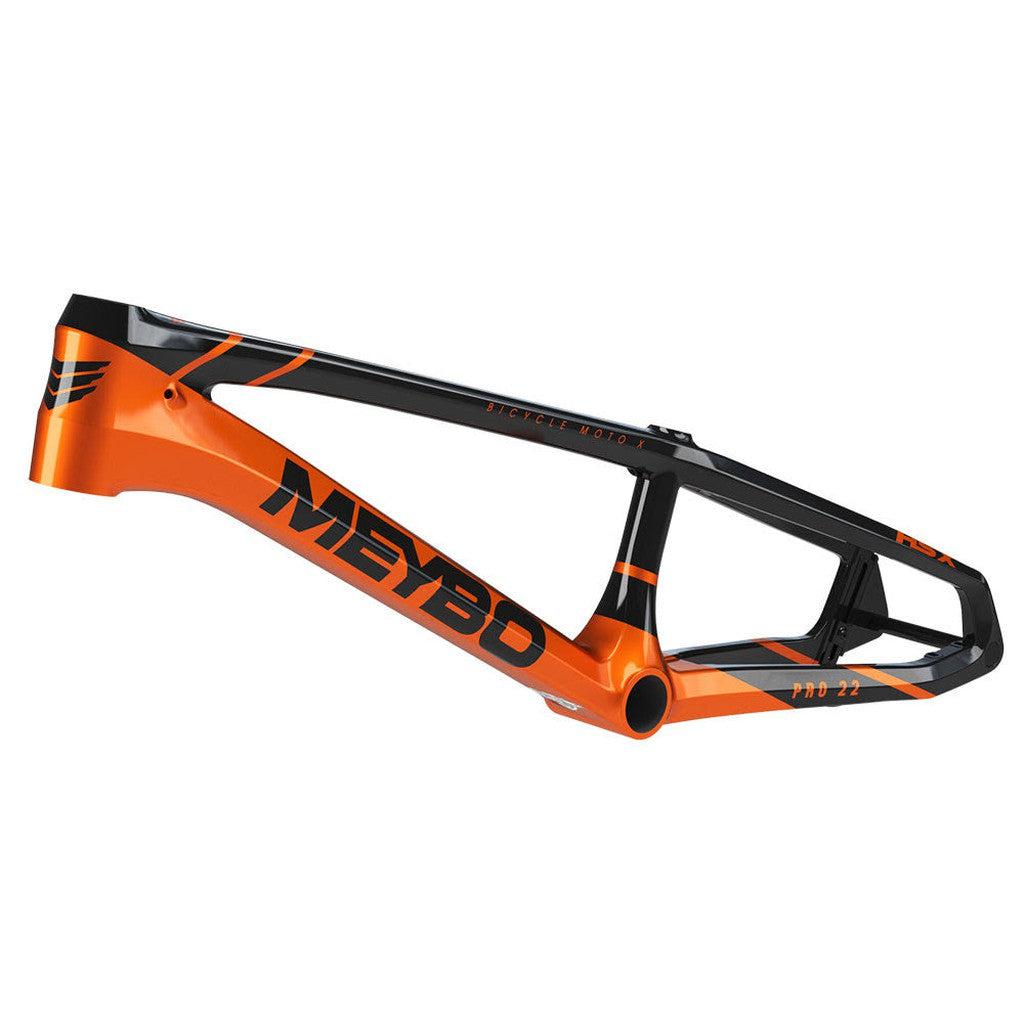 A Meybo 2025 Carbon HSX Pro XXXXL Frame in black and orange, featuring the "Meybo" brand name on the side, designed for high-performance BMX races with a sturdy bottom bracket shell.