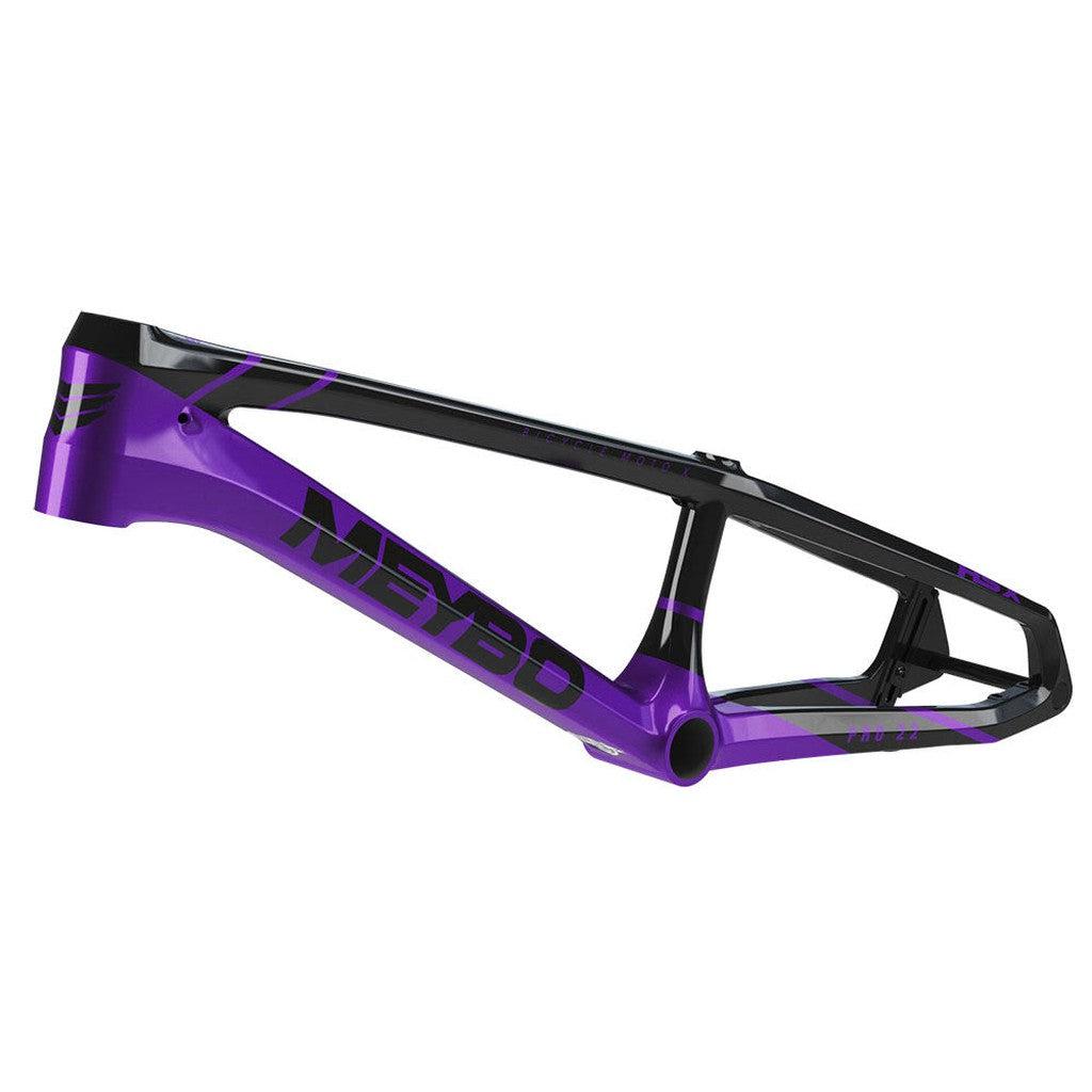 The Meybo 2025 Carbon HSX Pro XXXXL Frame, designed for BMX racing, features a sleek purple and black aerodynamic design with the brand name "Meybo" prominently displayed on the side, showcasing its HSX carbon frame and specialized bottom bracket shell.