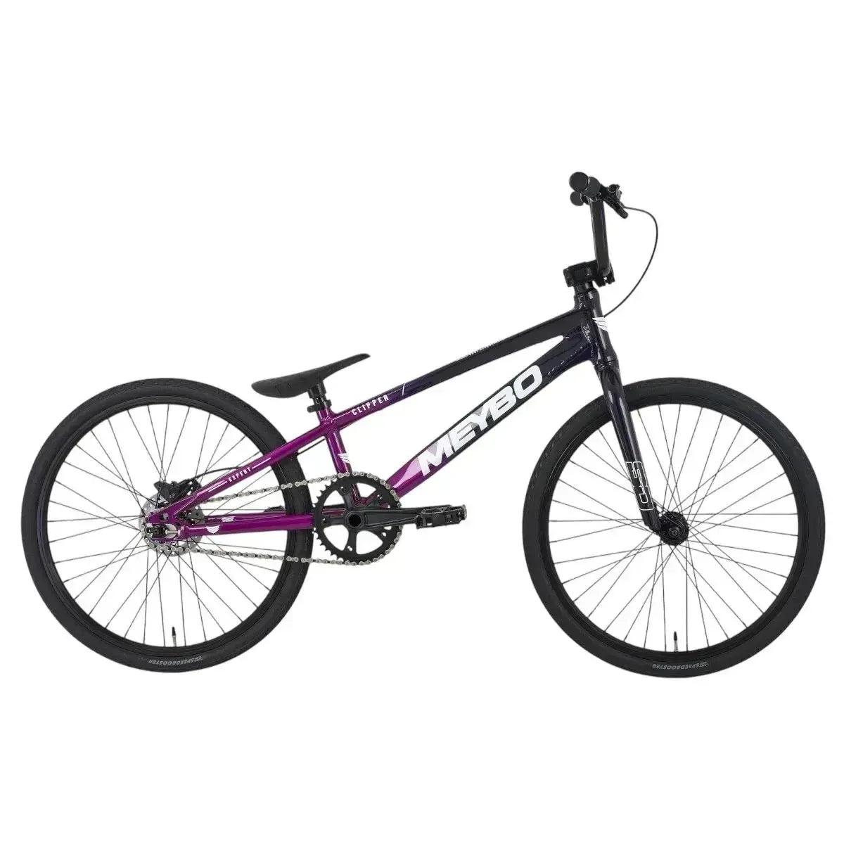 The Meybo 2025 Clipper Expert Bike is an entry-level race bike featuring a striking purple-to-black gradient frame, with "MEYBO" branding. It has sleek black handlebars, seat, wheels, and tires for a seamless look combining style and performance.
