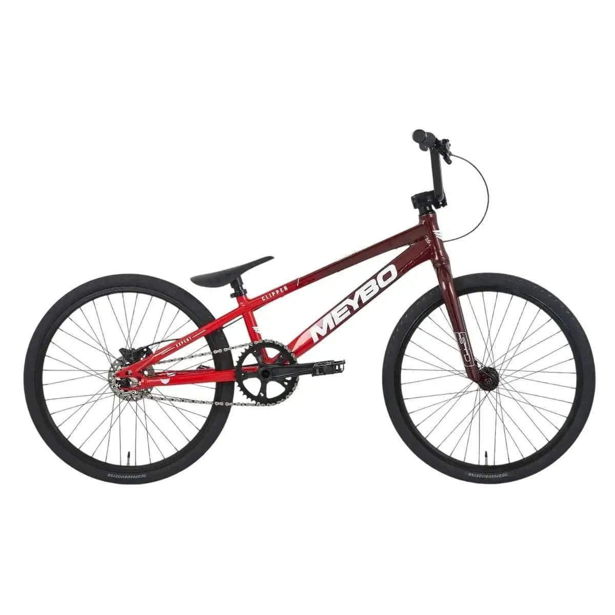 The Meybo 2025 Clipper Expert Bike, in striking red and black, showcases a sleek frame, robust tires, and "MEYBO" on the side. Ideal for entry-level racers, it offers a flat seat and straight handlebars for dependable performance to kickstart your racing journey.