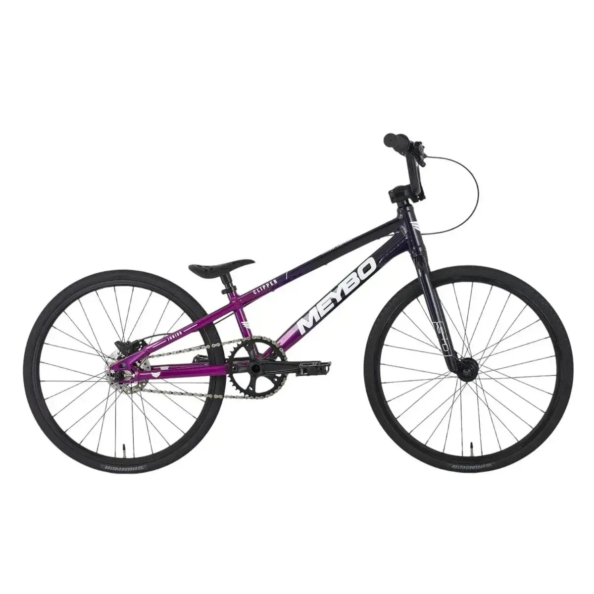 The Meybo 2025 Clipper Junior Bike, an entry-level race bike, boasts a black and purple BMX-style frame, sleek black seat, large wheels, and straight handlebar. Showcased on a white background, it's ideal for BMX racing beginners.