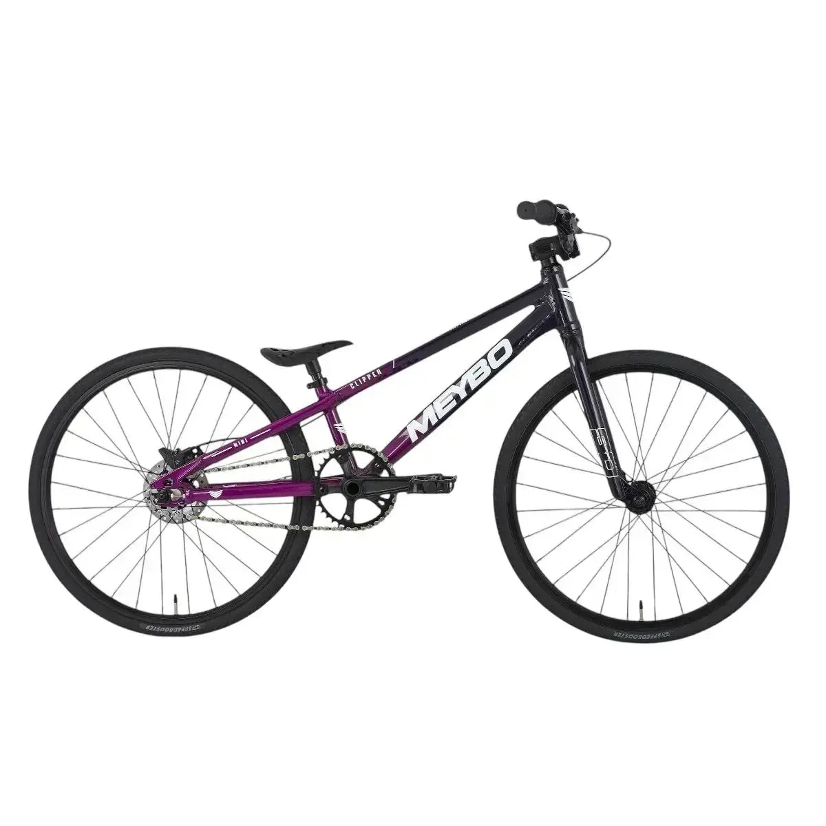 The Meybo 2025 Clipper Mini Bike showcases a sleek black and purple frame, slim tires, and straight handlebars, making it perfect for entry-level BMX racers and enthusiasts.