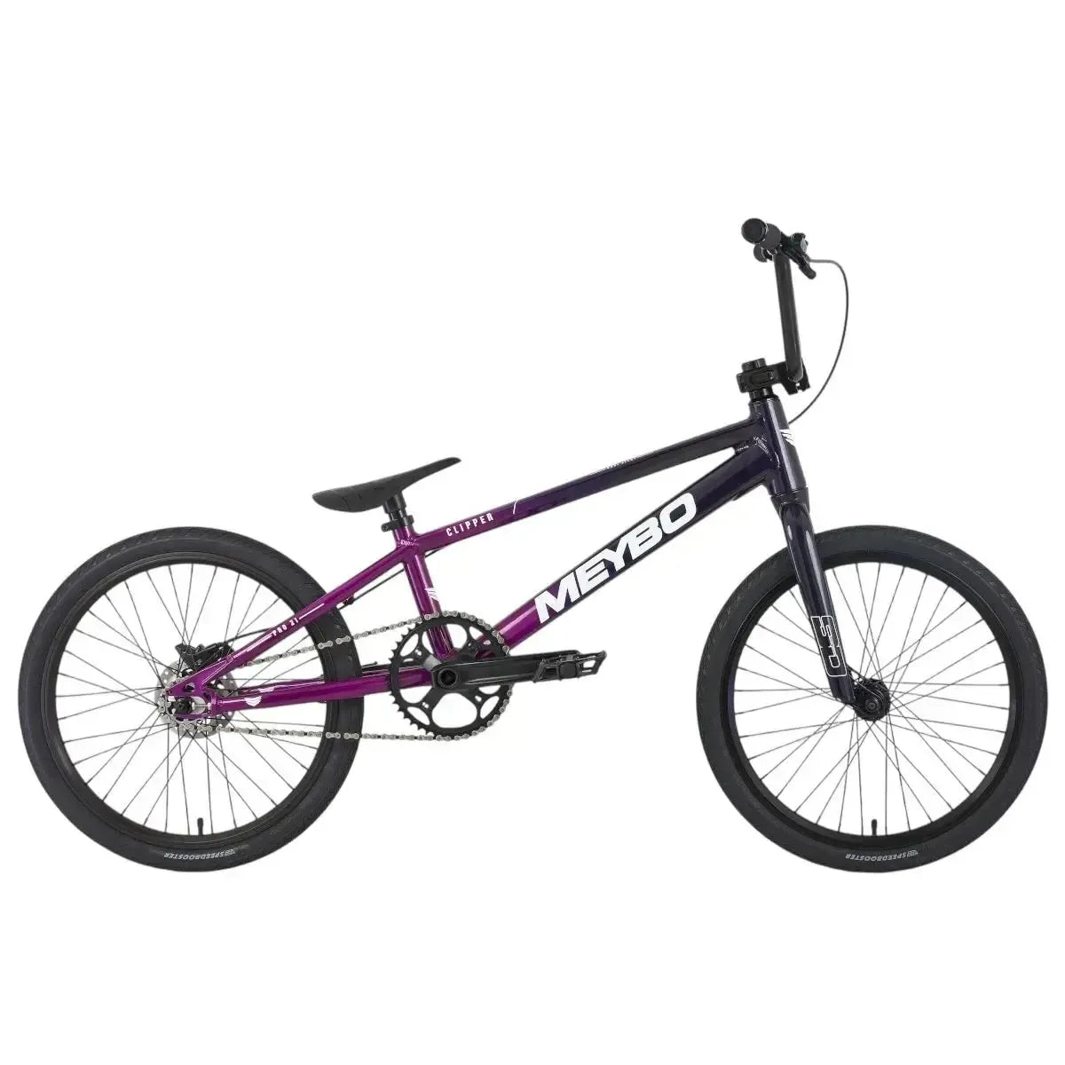 The Meybo 2025 Clipper Pro XL is a purple and black BMX race bike with a padded saddle, knobby tires, and a single gear system, ideal for BMX racing enthusiasts.