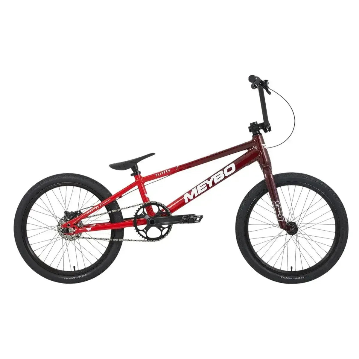 The Meybo 2025 Clipper Pro XL features a red frame with a black seat and handlebars and the signature white "Meybo" logo. Black wheels add to its sleek profile, set against a pristine white background.