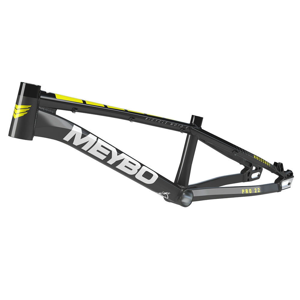 The Meybo 2025 Holeshot Pro XL Cruiser Frame, in black and yellow, is strikingly displayed against a white background.