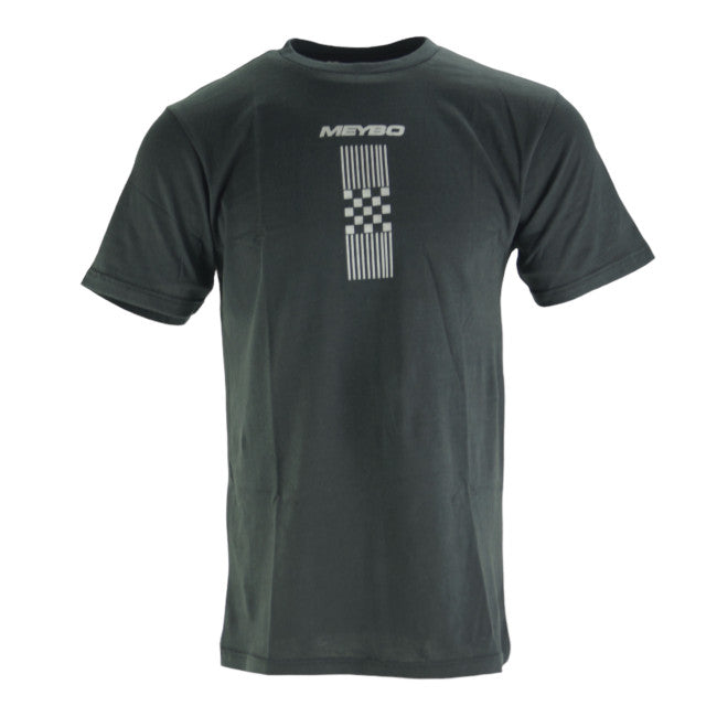 A plain black t-shirt with a Meybo Finish Line T-Shirt aesthetic design on the chest.