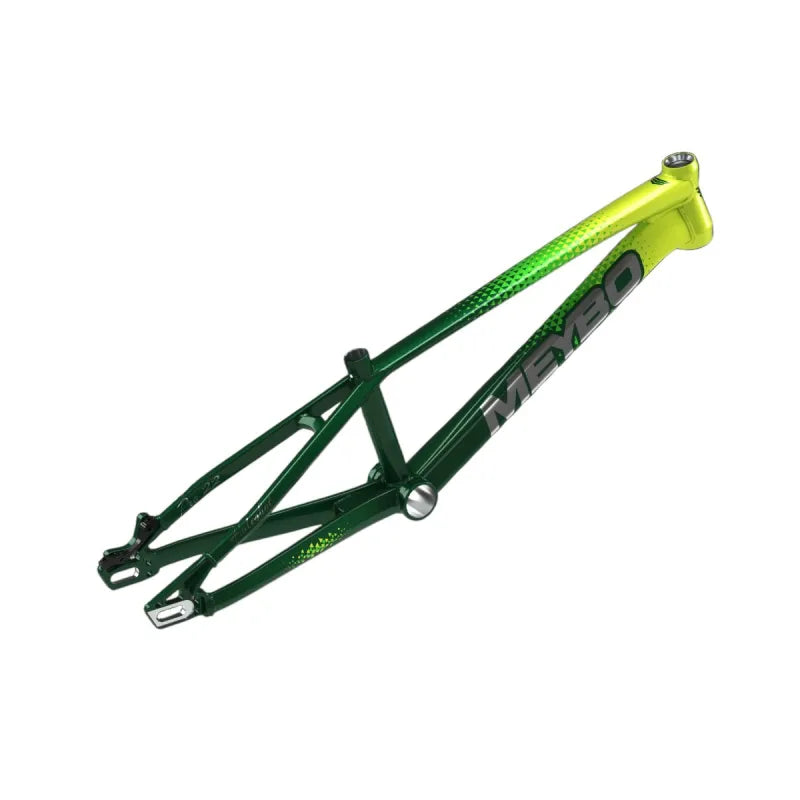 The Meybo 2026 Holeshot Mini Frame, a green and yellow BMX race frame with "MB 50" text, made from 6061 T-6 hydroformed aluminum, is shown isolated on a white background.