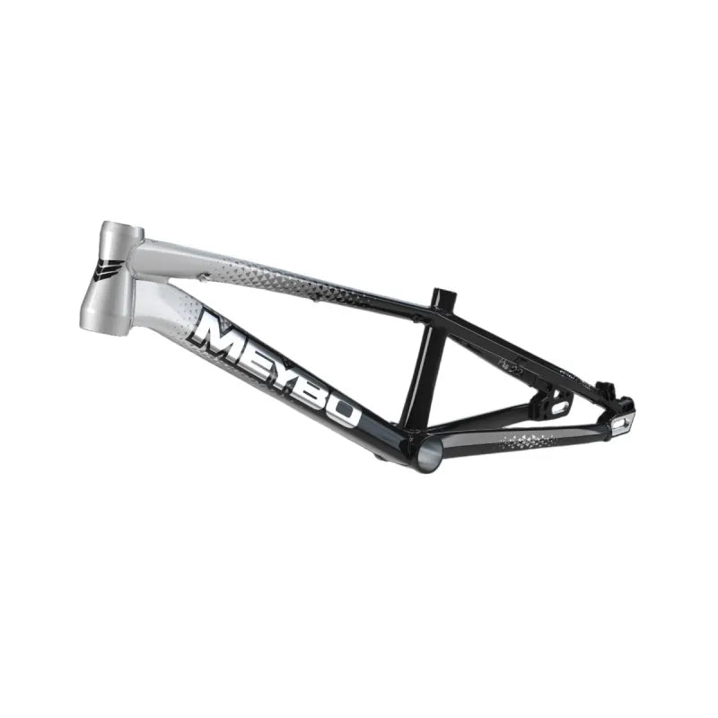 The Meybo 2026 Holeshot Pro L Frame in black and silver is shown against a white background, highlighting its lightweight design ideal for elite BMX racing.