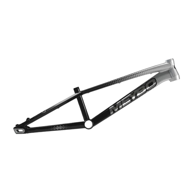 The Meybo 2026 Holeshot Mini Frame is a black and silver BMX race frame with "MEYBO" branding, made from strong and lightweight 6061 T-6 hydroformed tubing.