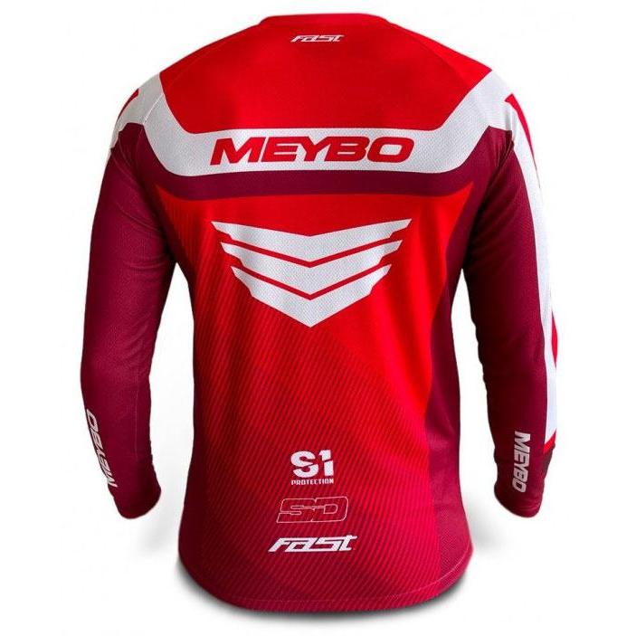 A red and white Meybo V6 Slimfit Race Jersey with the word mebo on it.