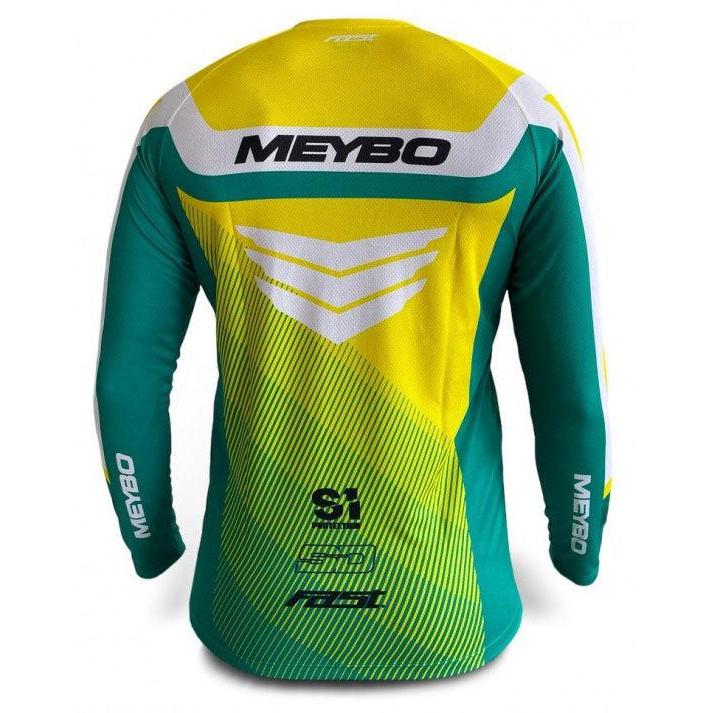 The back of a yellow and green Meybo V6 Slimfit Race Jersey with the words mebo on it.