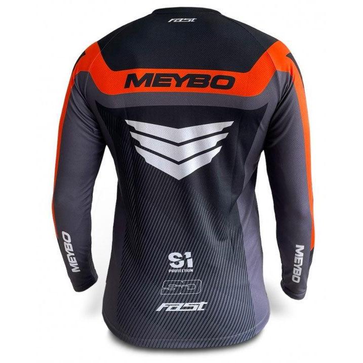 The Meybo V6 Slimfit Race Jersey is shown in black and orange.
