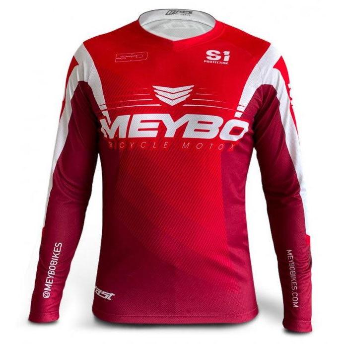 A red and white Meybo V6 Slimfit Race Jersey with the words mebo on it.