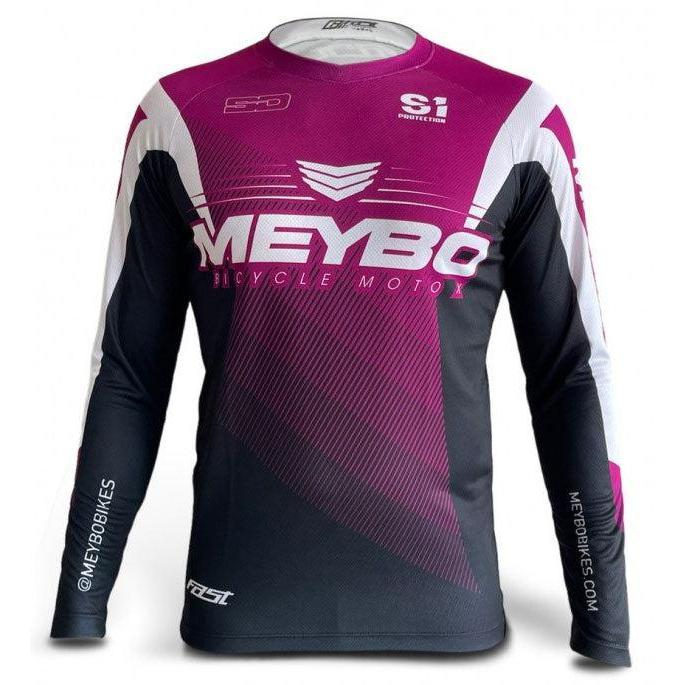 A pink and black long sleeve Meybo V6 Slimfit Race Youth Jersey with the word mebo on it.