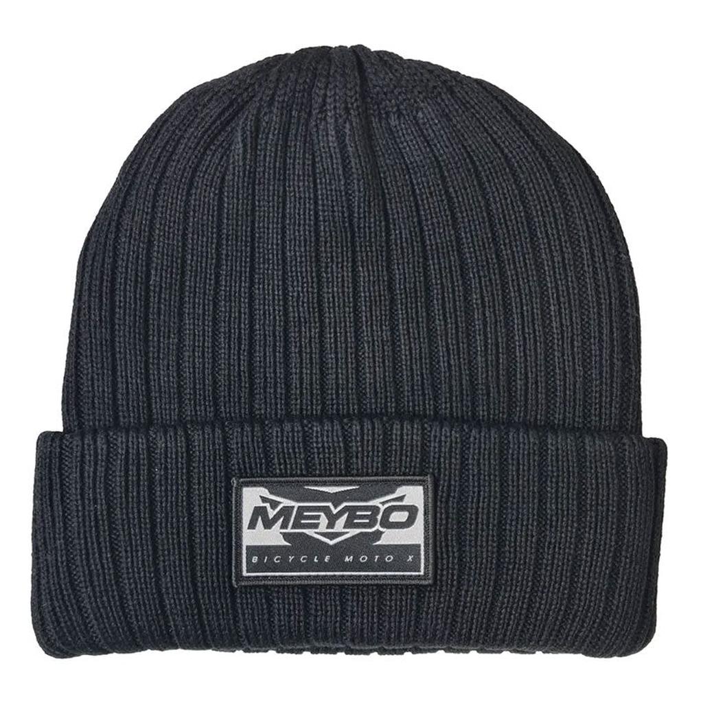 The Meybo Wing Beanie is a black ribbed knit hat with a folded brim and a "MEYBO BICYCLE MOTOCROSS" patch on the front—ideal for fans to keep warm in winter.