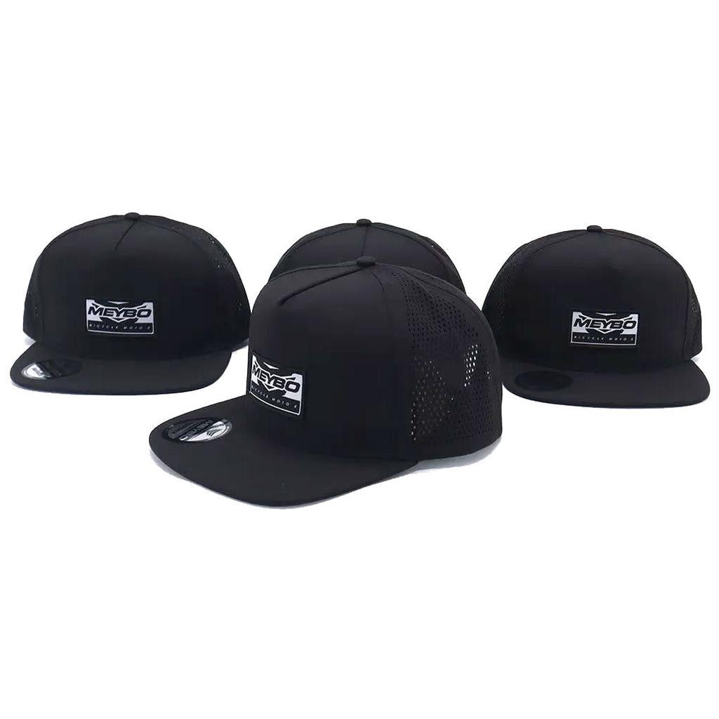 Four black Meybo Wing Snap Back Caps with flat brims and front logo patches are displayed against a white background.