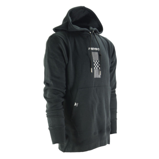 Black Meybo Finish Line Hoodie with a graphic design on the front and drawstrings, displayed against a white background.