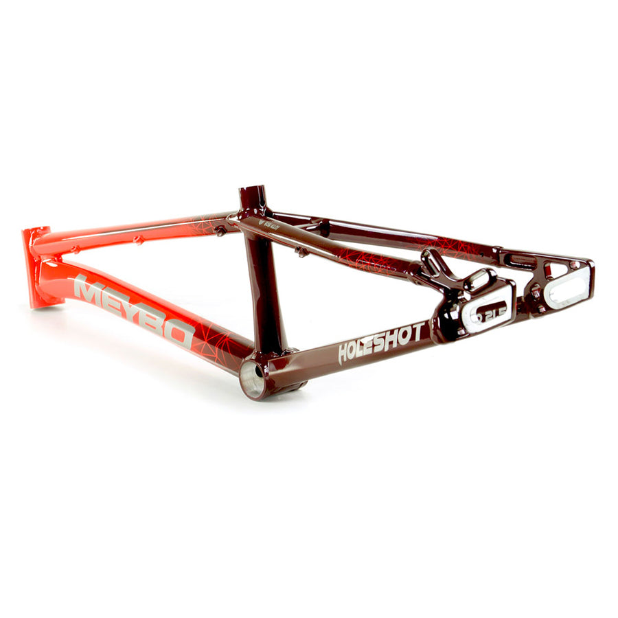 A red Meybo 2024 Holeshot Expert bike frame featuring disc brake compatibility.