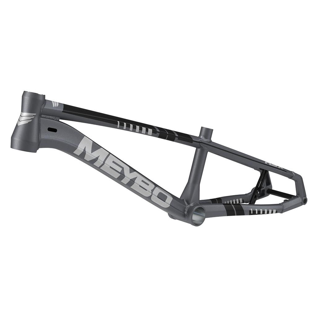 The Meybo 2026 HSX Alloy Junior Frame in gray and black is shown from the side, built with 6061 T-6 hydroformed tubing and displaying bold branding and geometric design accents.