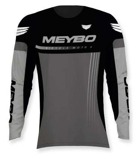 The Meybo Prime Slimfit Race Jersey (Youth) comes in bold black and gray, showcasing "MEYBO" and "BICYCLE MOTO X" on the chest and "MEYBO" on both sleeves. Stay ahead in style—new colours arriving in 2026!.