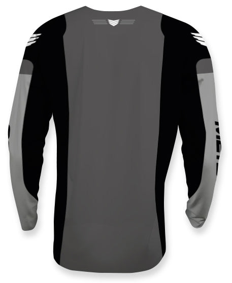 The Meybo Prime Slimfit Race Jersey (Youth) features a black and gray design with white logo accents on the upper back and sleeves. Shown from the back. New colors arriving in 2026.