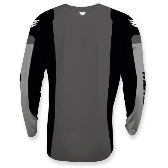 The Meybo Prime Slimfit Race Jersey (Youth) features a black and gray design with white logo accents on the upper back and sleeves. Shown from the back. New colors arriving in 2026.