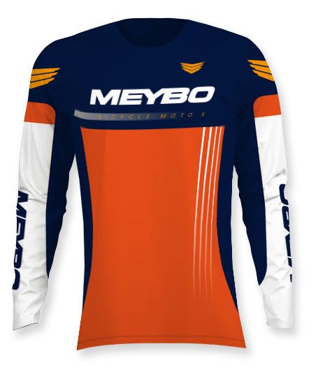 The Meybo Prime Slimfit Race Jersey (Youth) features long sleeves, bold "MEYBO" branding on the chest and sleeves, new 2026 colors in navy, orange, and white blocks, plus eye-catching graphics on the shoulders and sides.