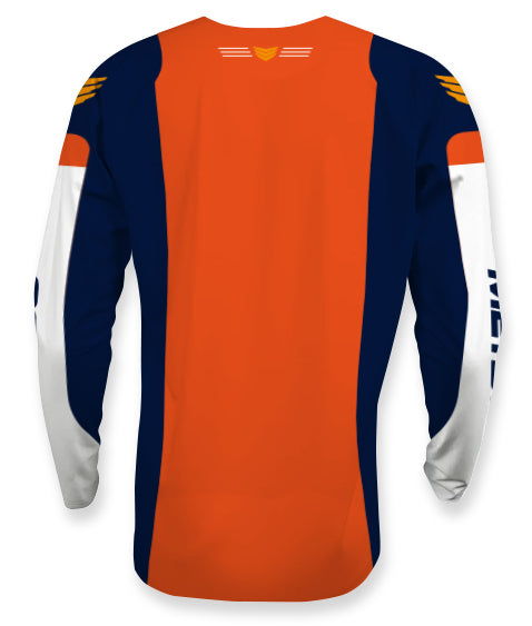 Back view of the Meybo Prime Slimfit Race Jersey (Youth) in new 2026 colors: orange, navy blue, and white color blocks with subtle yellow graphic accents on the shoulders and upper back.