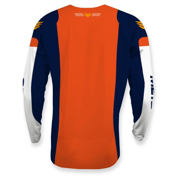 Back view of the Meybo Prime Slimfit Race Jersey (Youth) in new 2026 colors: orange, navy blue, and white color blocks with subtle yellow graphic accents on the shoulders and upper back.
