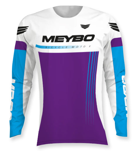 The Meybo Prime Slimfit Race Jersey (Youth) for 2026 features a slim fit, white, purple, and blue panels, "MEYBO" and "BICYCLE MOTOK" text on the chest, plus bold black wing graphics on the shoulders.