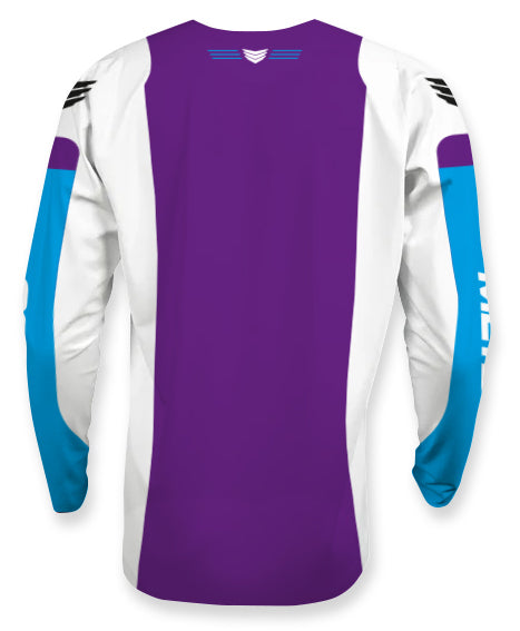 The Meybo Prime Slimfit Race Jersey (Youth) for 2026 features a purple back panel, white side panels, and blue and white sleeves in fresh new colours, shown from the back.