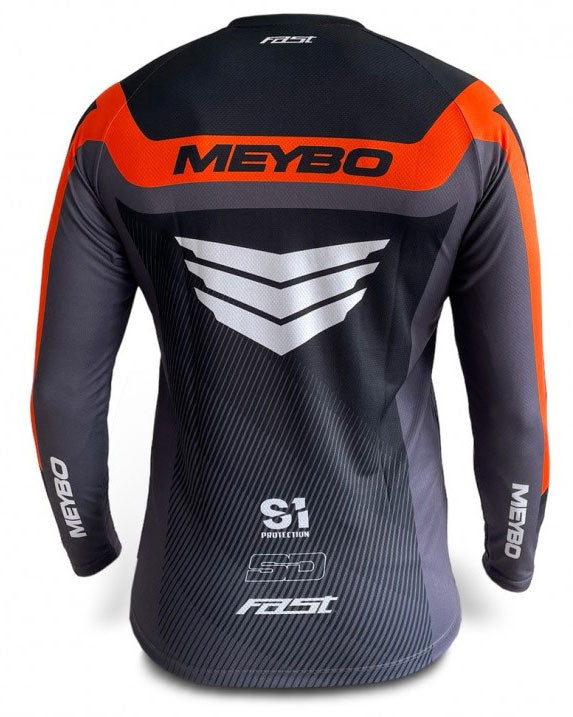 The Meybo V6 Slimfit Race Jersey is shown in black and orange.