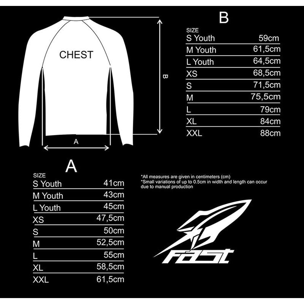 A chart showing the measurements of the Meybo V6 Slimfit Race Youth Jersey.