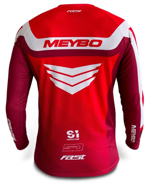 A red and white Meybo V6 Slimfit Race Jersey with the word mebo on it.