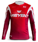 A red and white Meybo V6 Slimfit Race Youth Jersey with the words mebo on it.
