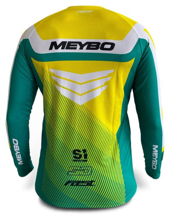 The back of a yellow and green Meybo V6 Slimfit Race Jersey with the words mebo on it.