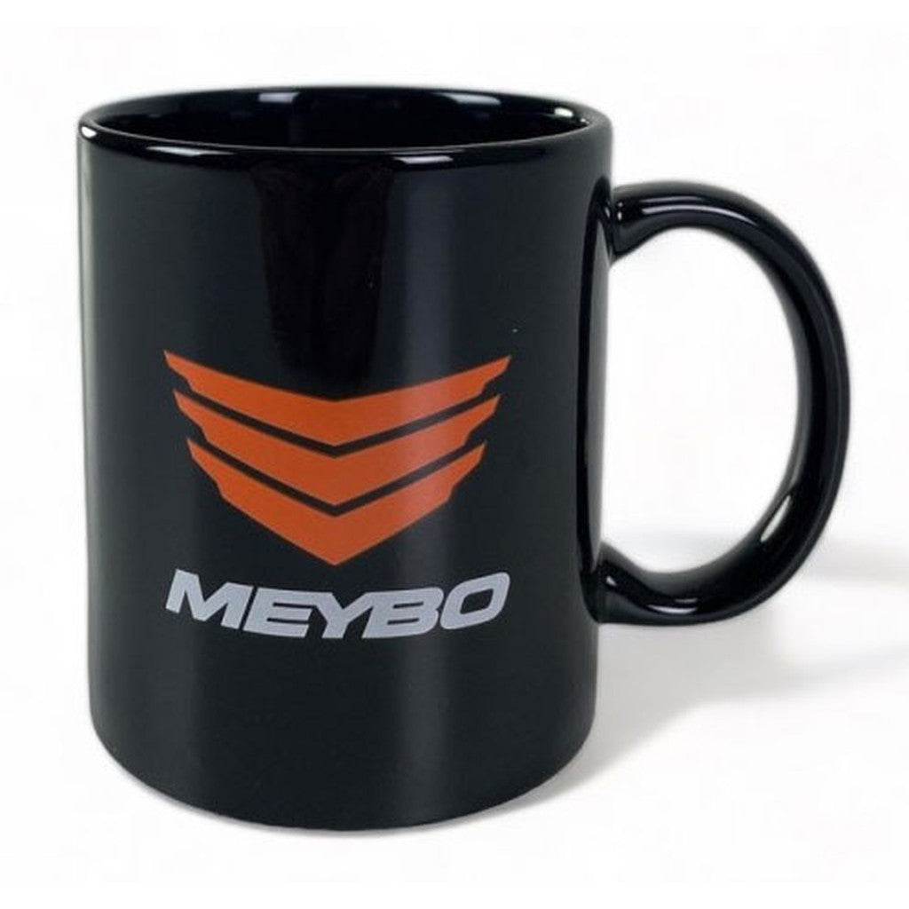 Meybo Mug Black with a red and gray striped logo and the text "Meybo" in white, set against a plain white background.