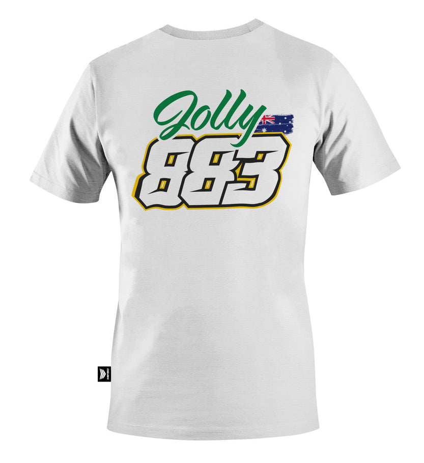 Celebrate the spirit of world champions with the Meybo Josh Jolly T-Shirt—a white tee featuring “Jolly” in green script, bold “883” numbers, and a small Australian flag above the numbers on the back. Inspired by Australia’s rider legacy, this shirt is perfect for fans who want to show their support for champions from down under.