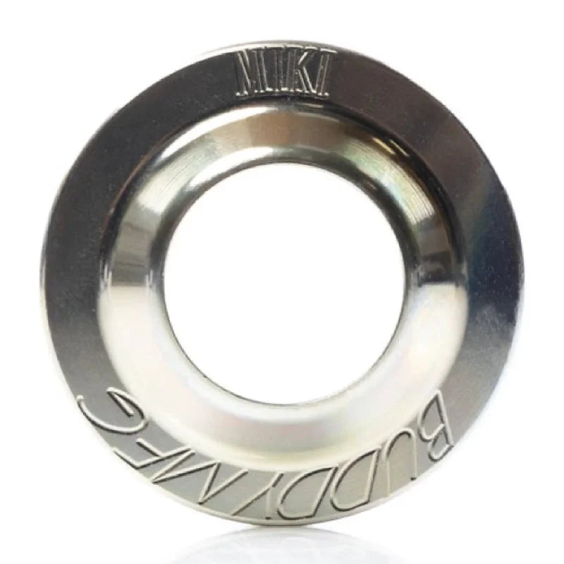 The BB Buddy is a metallic, circular car horn button trim ring engraved with "MIKI" and "BUDDYCLUB," inspired by the BB Buddy’s BMX frame protection design elements.
