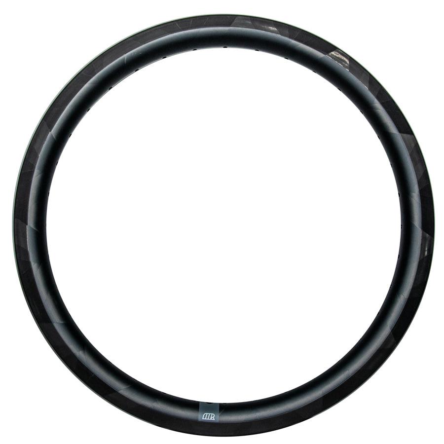 The black Michram OWT Carbon Rim Plain Logo (28 Hole), crafted from hand-woven T800 carbon fiber, features a thin profile that contrasts against the white background.